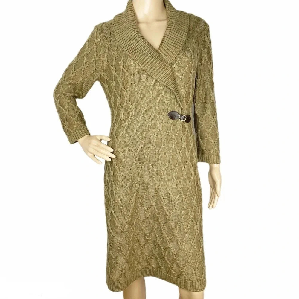 Calvin Klein Olive Green Faux Wrap Sweater Dress Size Large